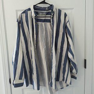 Men's Large Vintage Blazer Blue and White Striped Button-Up Shirt